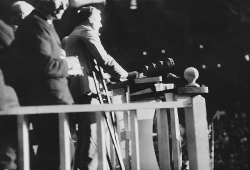 A rare view of FDR using crutches. PBS identifies this as a photo taken in 1924 when FDR nominated Al Smith a the DNC at Madison Square Garden, NYC. Photo is credited to the Roosevelt Little White House state historic site, located in Warm Springs, Ga.