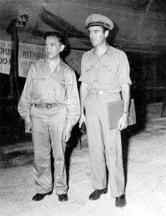 William Laurence (left) on Tinian Island before departing for Nagasaki.  Military photo.
